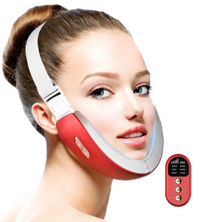 Aparat multifunctional, V model, subtierea fetei, lifting, vibromasaj, incalzire, stimuleaza circulatia sangelui, anti-imbatranire, EMS, unde infrarosu, 10 trepte intensitate, cu telecomanda, acumulator 500 mAh, rosu