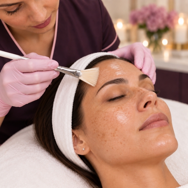 aplicare peeling chimic pe frunte pentru pete pigmentare si ten neuniform
