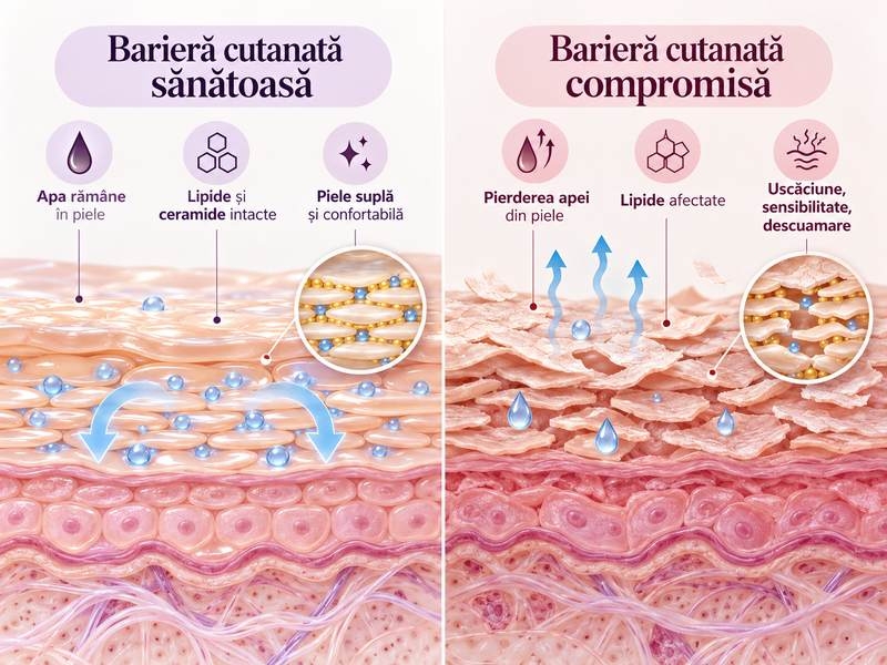 Barieră cutanată sănătoasă comparată cu barieră cutanată compromisă