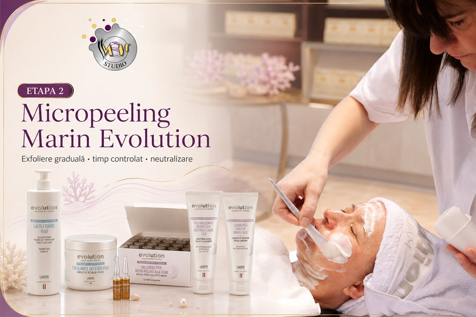 Aplicarea măștii Micropeeling Marin și produsele Evolution în Tratamentul 2M la MBM STUDIO Ploiești